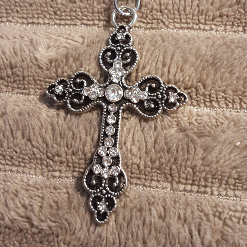 Hand Crafted Cross Necklace Silver Black Victorian Style Christain